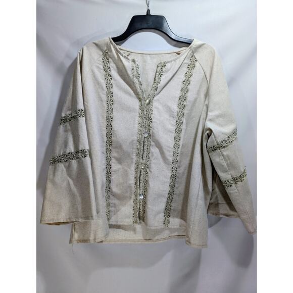 Beige Boho Embroidered Peasant Top Linen Blend Size Large - Picture 1 of 6